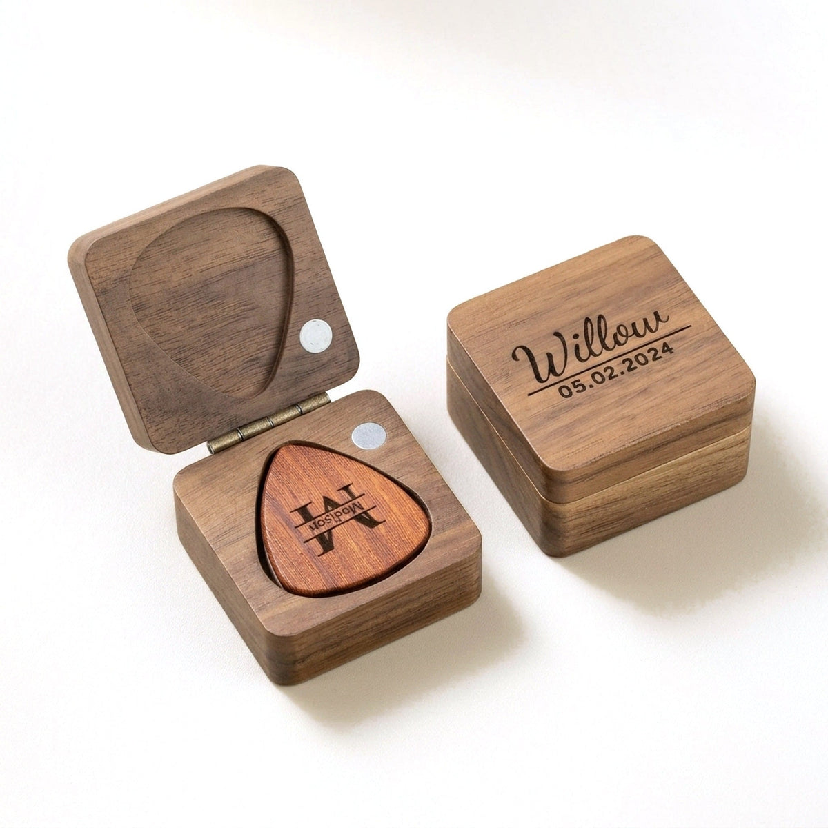 Engraved square pick box and monogram plectrum, a romantic gift for a guitarist
