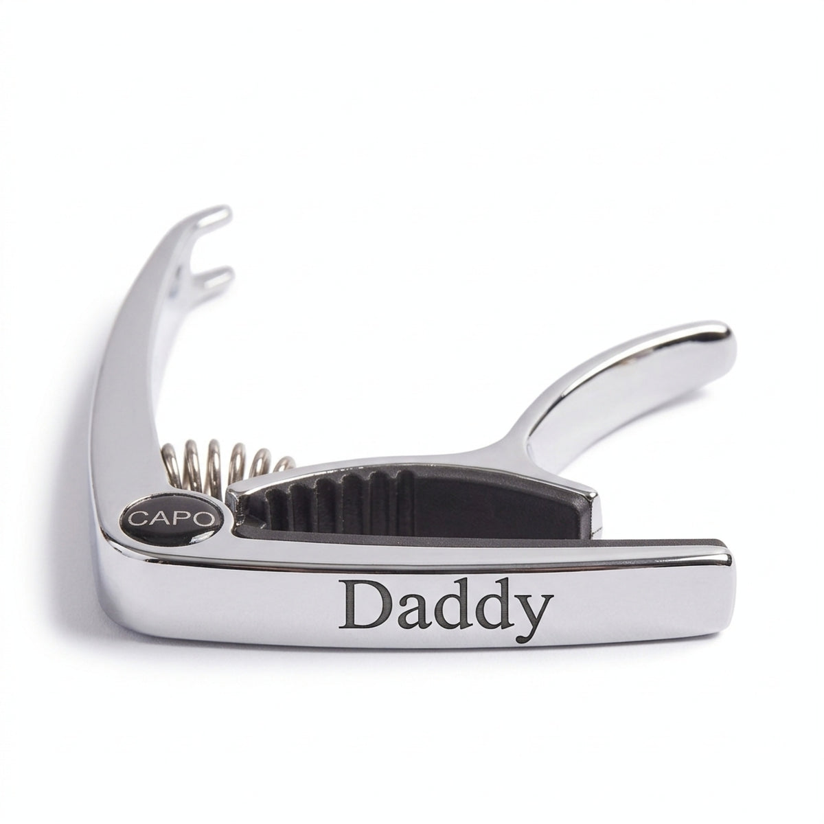 Personalised silver metal guitar capo engraved with Daddy