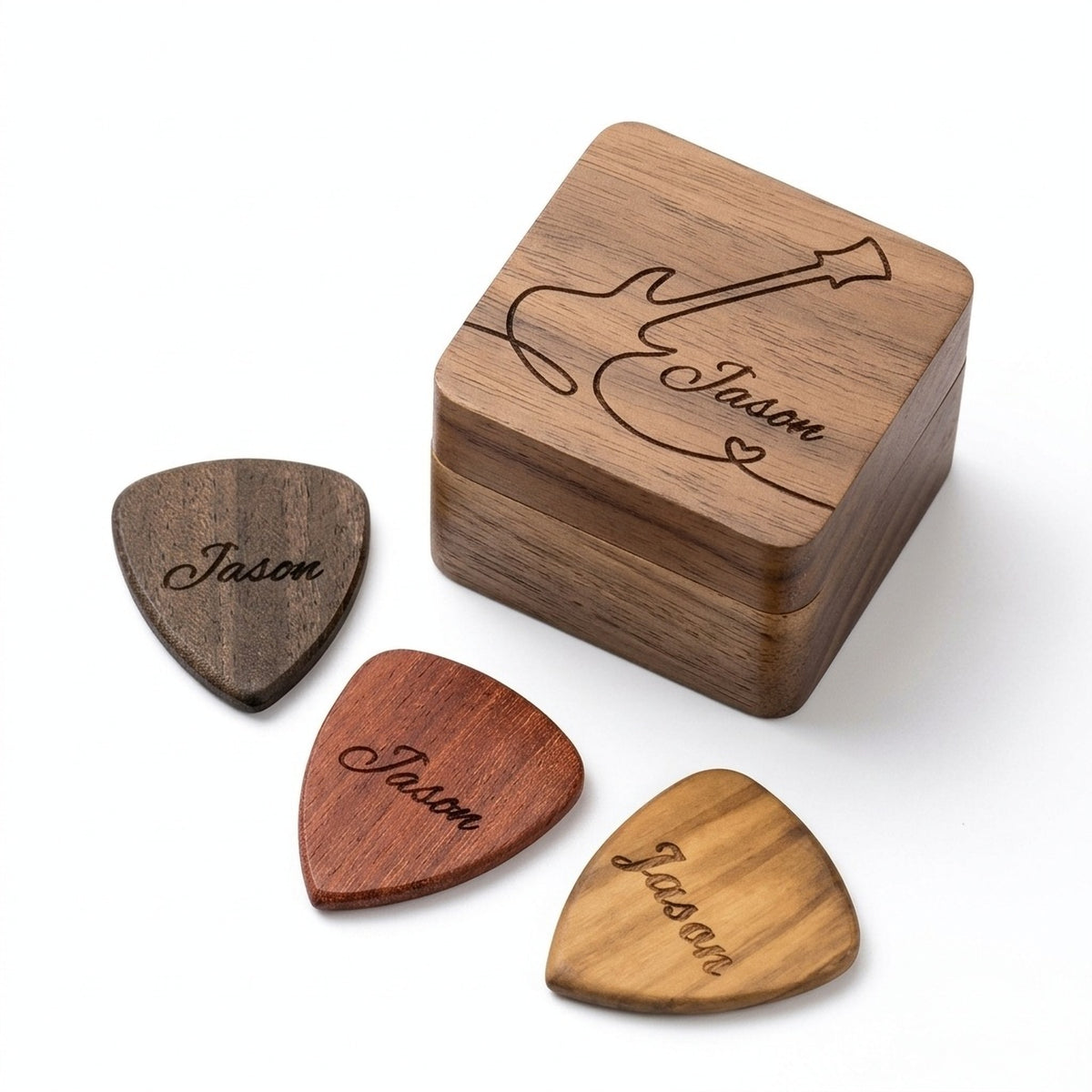 Engraved square pick box with three personalised wooden picks