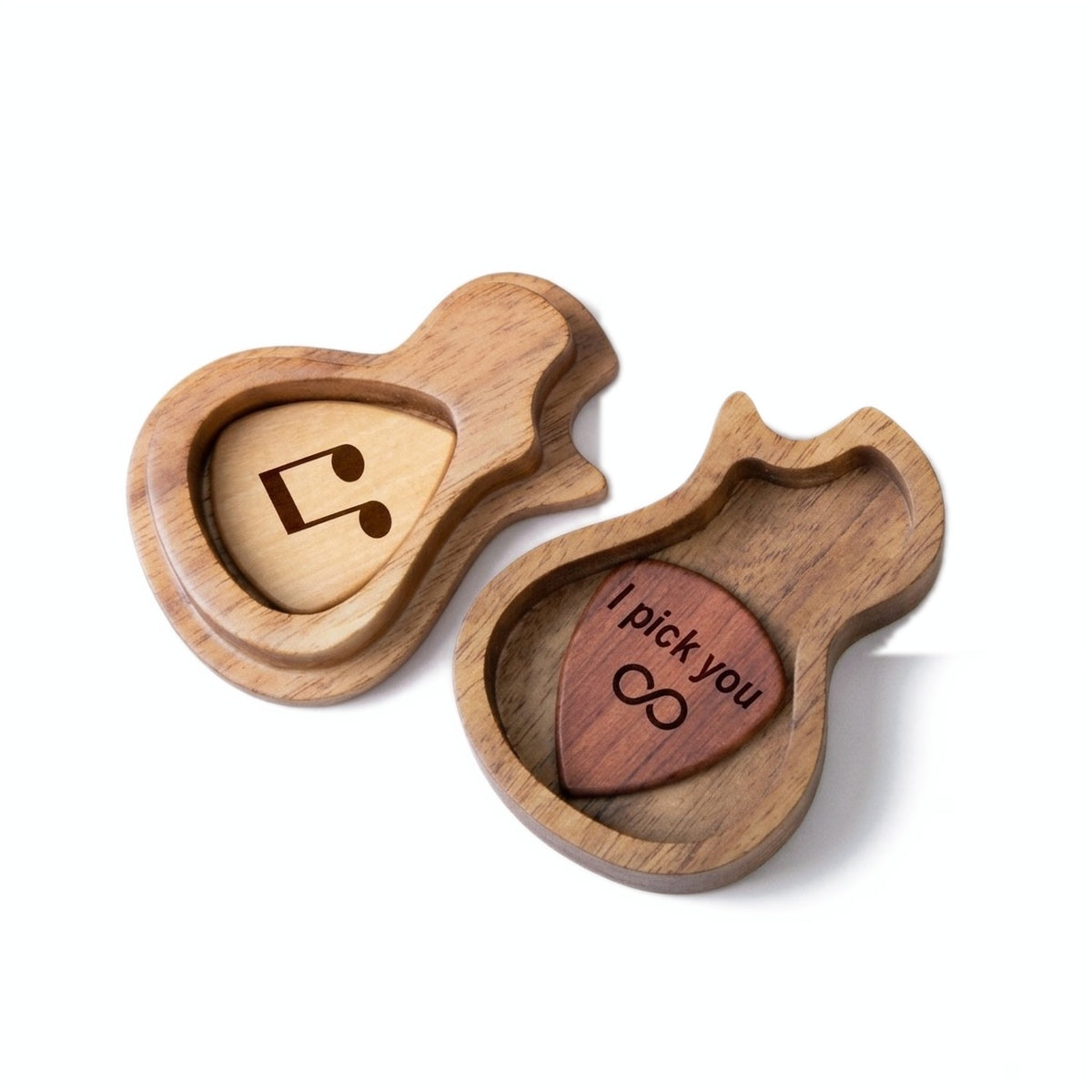 Guitar-shaped wooden pick box open, showing engraved picks with a music note and I pick you