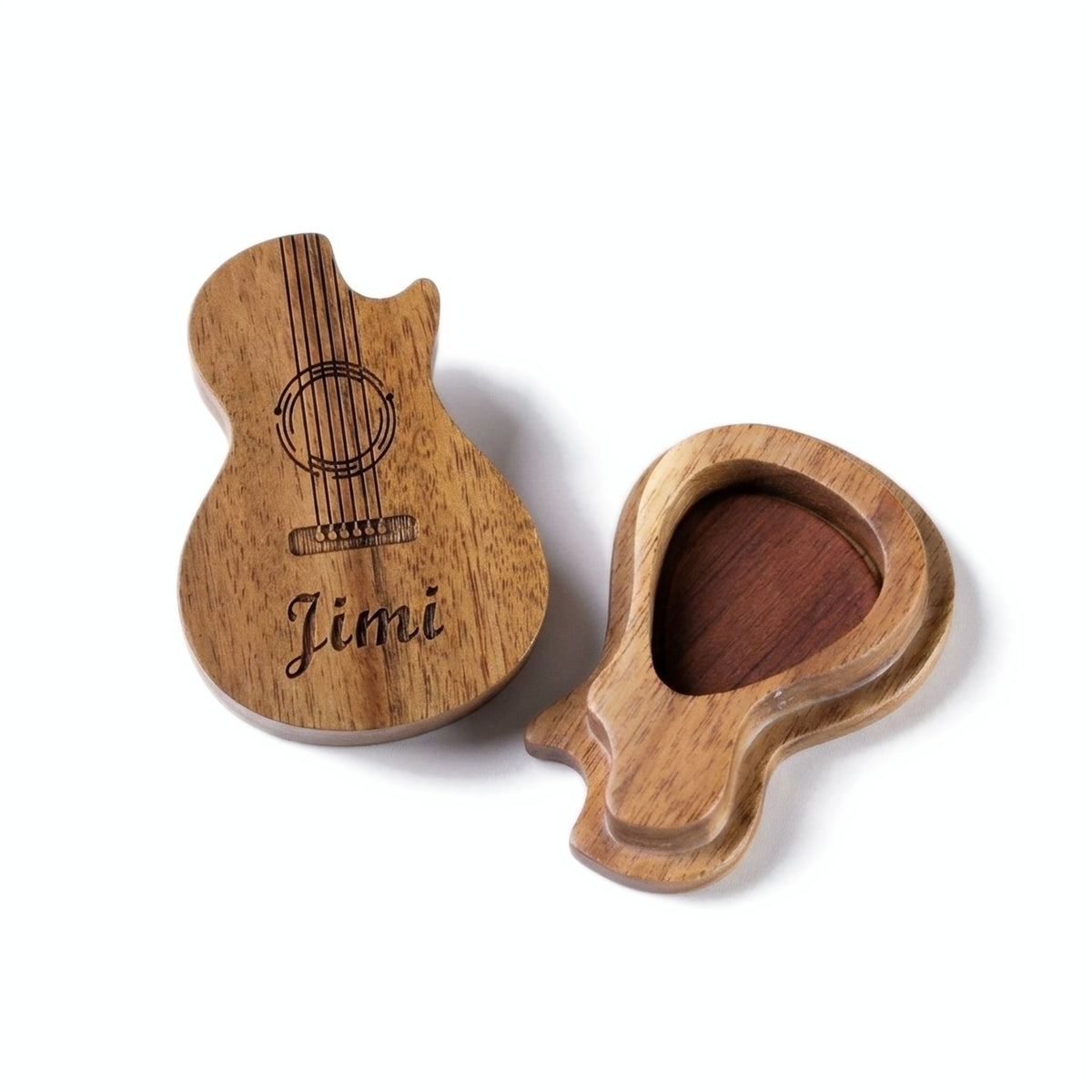 Guitar-shaped pick box shown closed with engraving and open with a pick inside