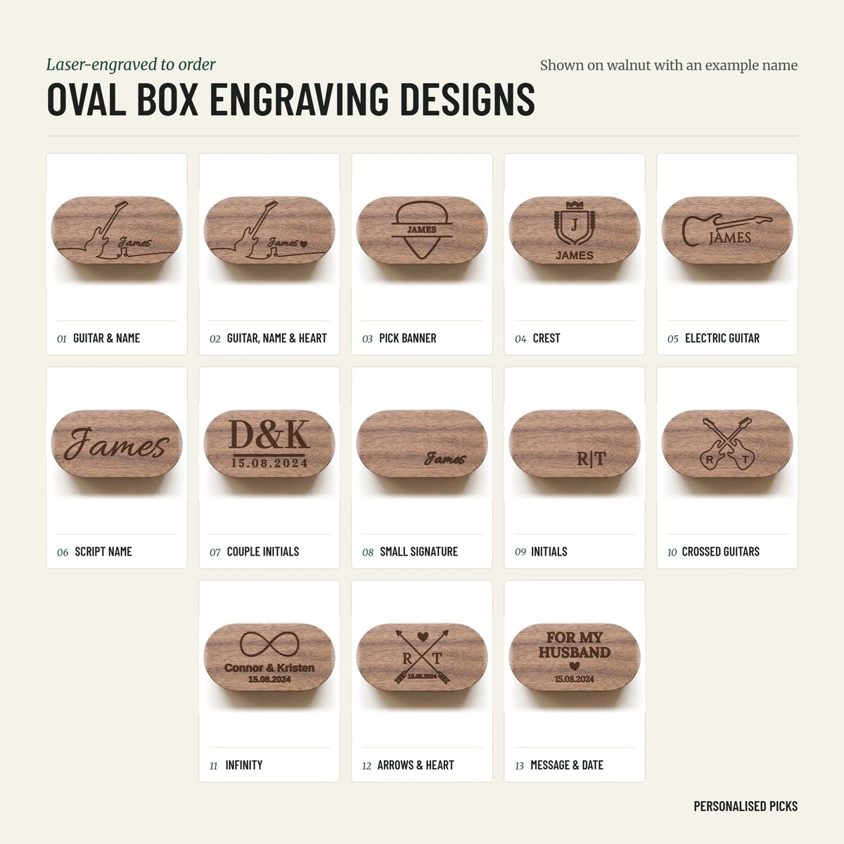 The 13 oval pick box engraving designs, numbered 1 to 13, shown on a walnut box