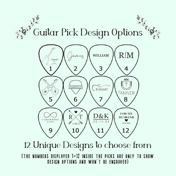 12 guitar pick engraving designs to choose from