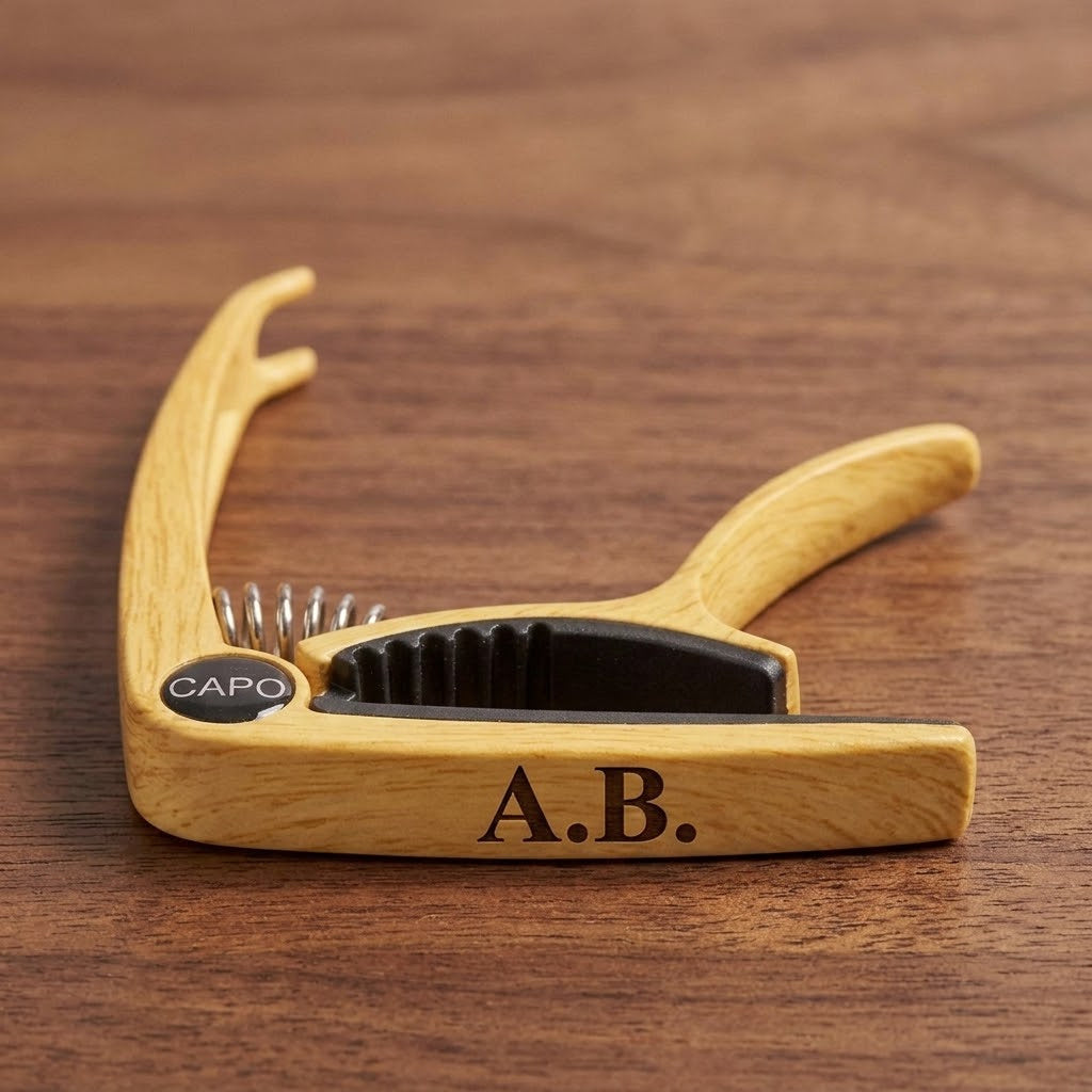 Personalised light wood finish guitar capo engraved with initials A.B.