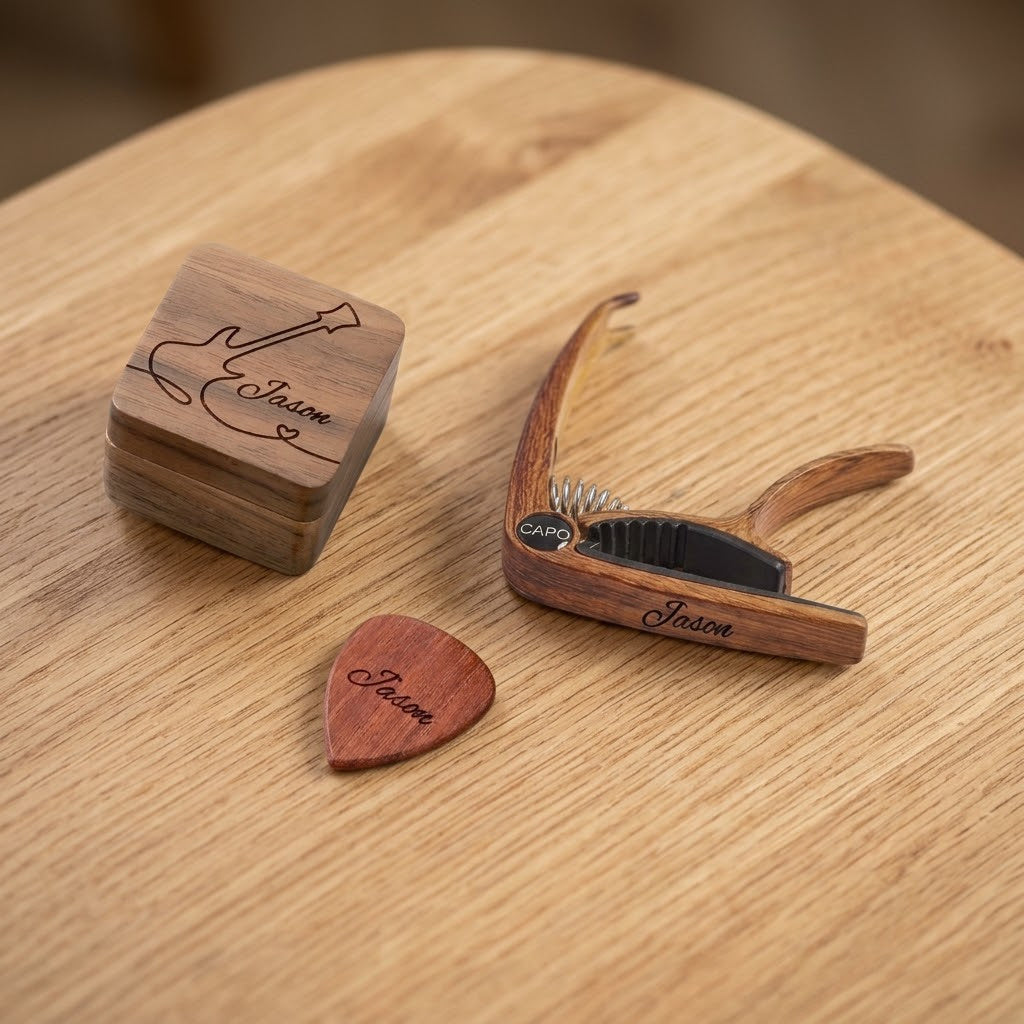 Personalised guitar gift set: engraved square pick box, wooden pick and capo, all engraved Jason