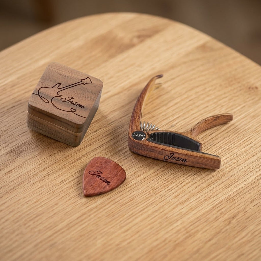 Personalised Guitar Gift Set: Pick, Square Box & Capo