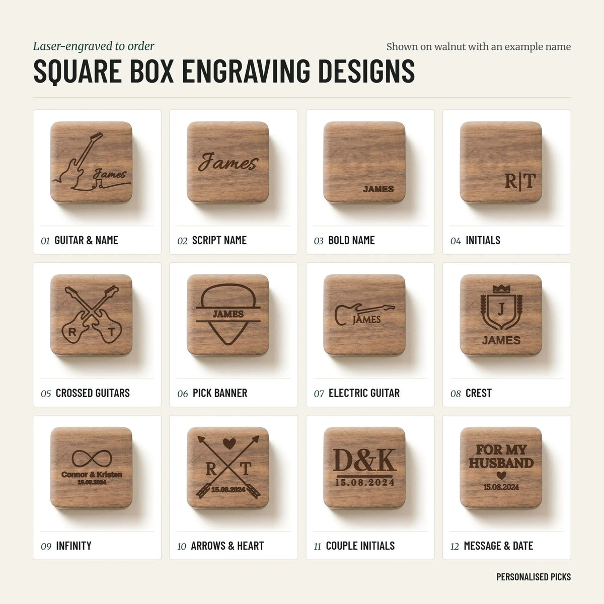 The 12 square pick box engraving designs, numbered 1 to 12, shown on a walnut box