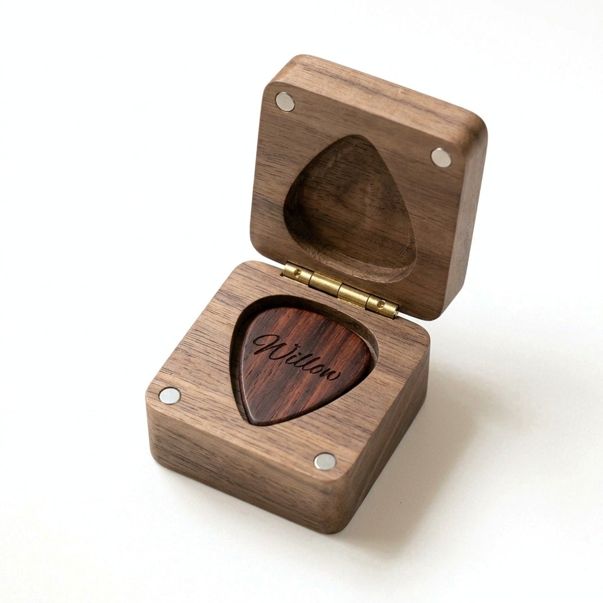 Square hinged walnut pick box open with an engraved rosewood pick