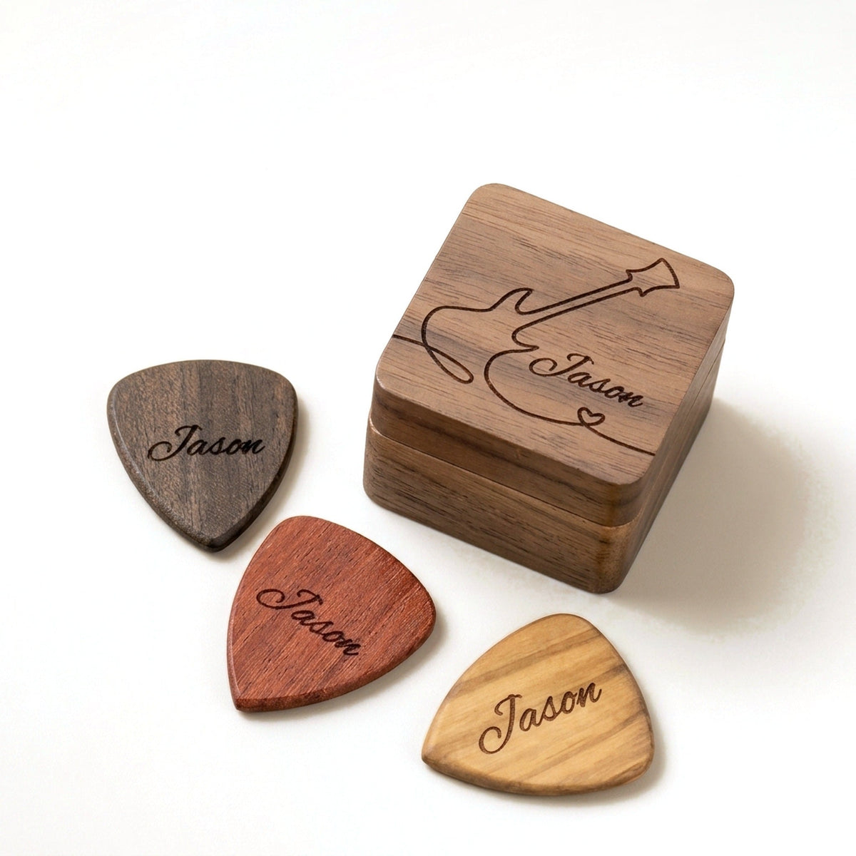 Personalised gift set: engraved square pick box and three engraved picks