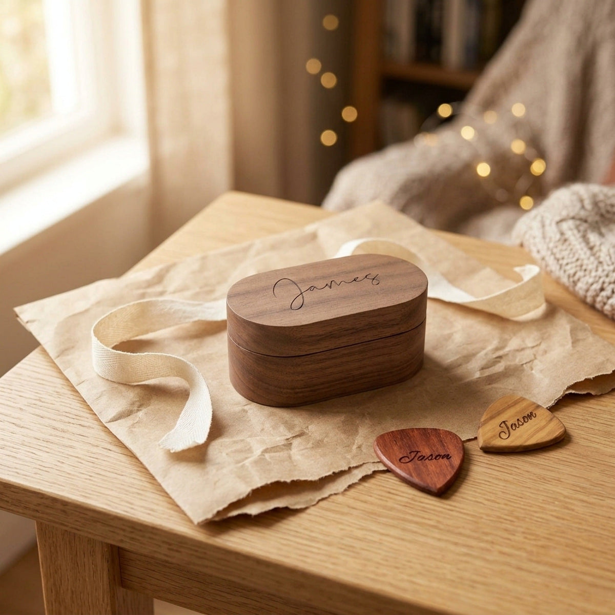 Engraved oval pick box and personalised plectrums wrapped as a gift