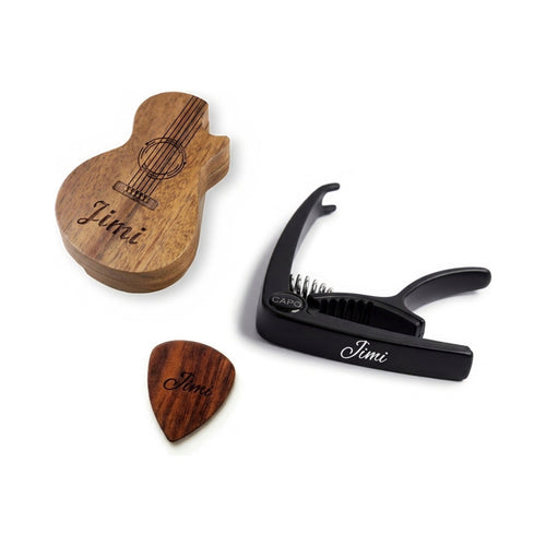 Personalised gift set: engraved guitar-shaped pick box, engraved rosewood pick and engraved black capo