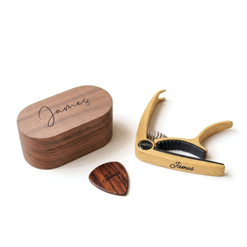 Personalised gift set: engraved oval pick box, engraved rosewood pick and engraved light wood capo