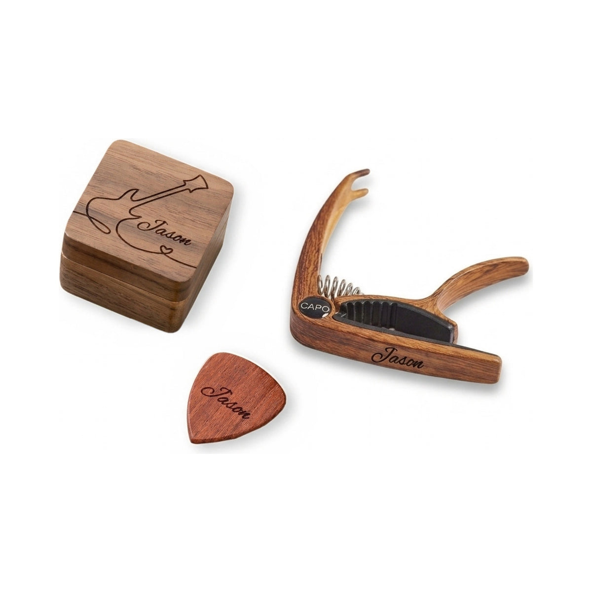 Personalised gift set: engraved square pick box, engraved rosewood pick and engraved wooden capo