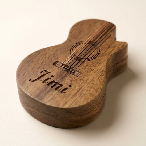 Personalised guitar-shaped wooden pick box engraved with a guitar and the name Jimi