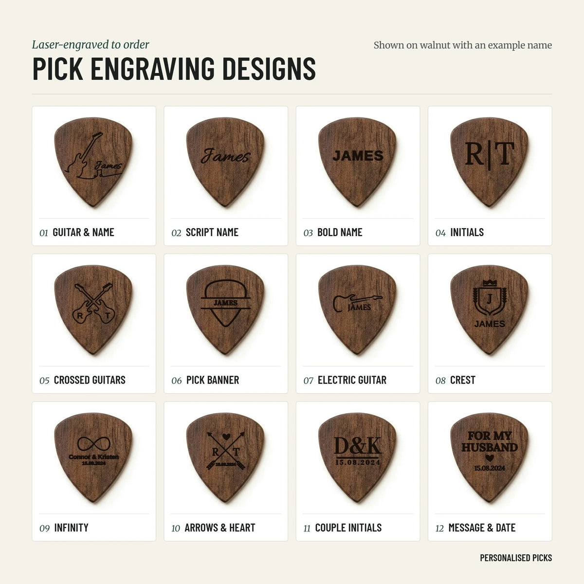 The 12 guitar pick engraving designs, numbered 1 to 12, shown on a walnut pick