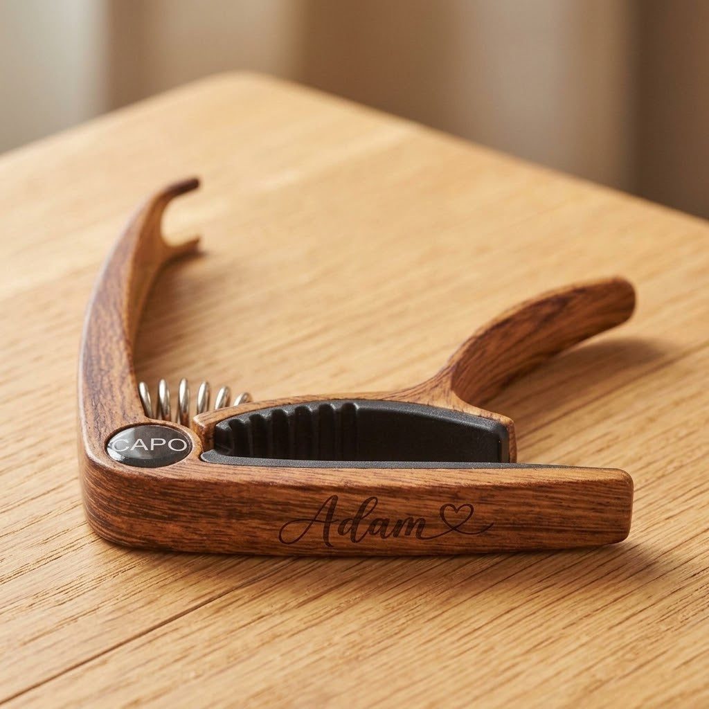 Personalised dark wood finish guitar capo engraved with Adam and a heart