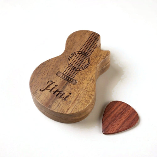 Guitar-shaped wooden pick box with engraved strings and name