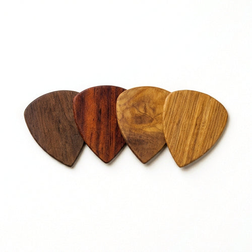 Personalised wooden guitar picks in Walnut, Rosewood, Olive and White Oak
